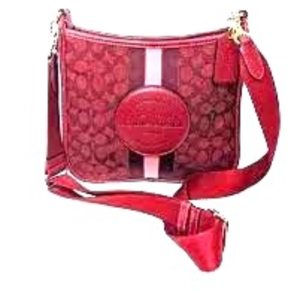 Coach Red Signature Canvas Crossbody Bag with Pink Stripe